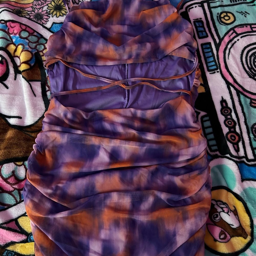 Gorgeous party dress purple orange pink tummy cut out spaghetti strap